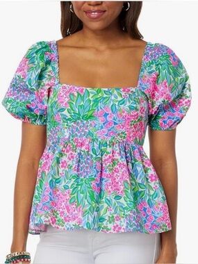 Lilly Pulitzer Kay Floral Puff Sleeve Peplum Square Neck Top Pink Size 0 Palm